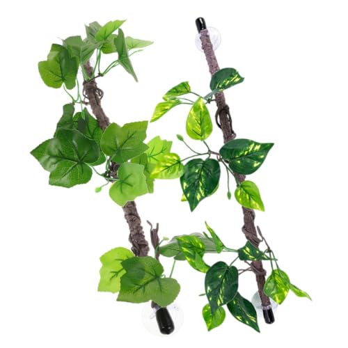 DOITOOL Artificial Reptile Vines Low Maintenance Habitat Decor with Green Leaves 2pcs with Suction Cups Flexible Plastic Jungle Climbing Branches for Terrarium and Reptile Tank