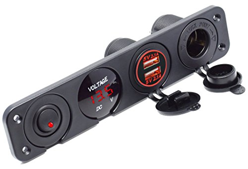 Dual USB Socket Charger 2.1A&2.1A + LED Voltmeter + 12V Power Outlet + ON-Off Toggle Switch Four Functions Panel for Car Boat Marine RV Truck Camper Vehicles GPS Mobiles (Red) - color: Red