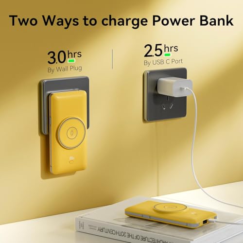 Wireless Power Bank for Phones & Apple Watch,10000mAh Fast Charging Slim Portable Charger Built-in Cables and AC Wall Plug, External Travel Battery Pack Compatible with iPhone/Samsung - color: Bright Yellow