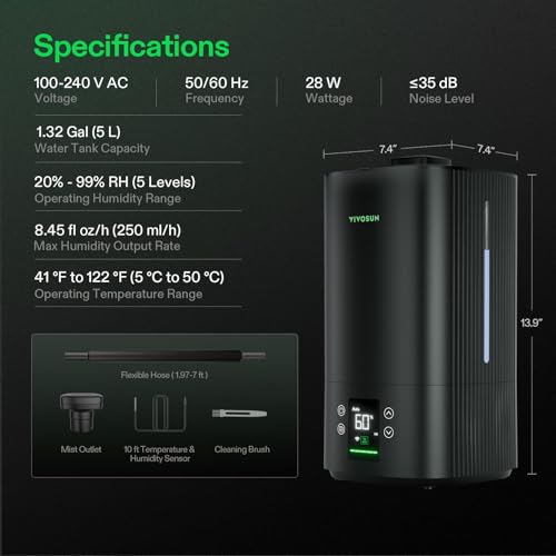 VIVOSUN AeroStream H05 Intelligent Wi-Fi Humidifier, 1.32 Gal / 5 L Humidifier with Temp & Humidity Probe, Smart Remote Control, Designed for Growers - size: 5 L