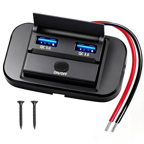 12V Flush Mount USB Charger with Power Switch, Multi-Port Car Charger for RV, Boat, Car, Bus, ATV, Motorcycle - Panel Mount Charging Accessories (QC+QC)
