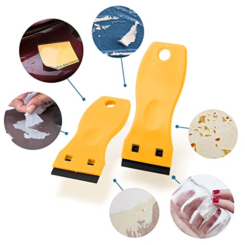 FOSHIO 2PCS Plastic Razor Blade Scraper Tool and 100PCS Plastic Blades for Gasket Remover, Sticker Remover, Labels Decal and Adhesive Remover for Windows and Glass (Yellow) - color: Yellow/Black