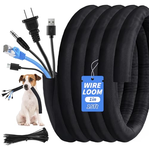 15ft - 1in Split Braided Sleeve Cable Management, Self-Wrapping - size: 1inx15ft
