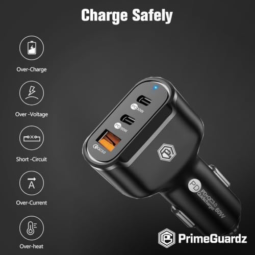 Prime Guardz 60W USB C Car Charger, Dual Port PD 3.0 Fast Charging Adapter, USB-C Power Delivery Car Charger