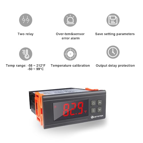 KETOTEK Digital Temperature Controller Fahrenheit &Centigrade Thermostat 120V 16A Relay with Sensor, Heating and Cooling for Homebrew Incubator Greenhouse - style: Output: 16A