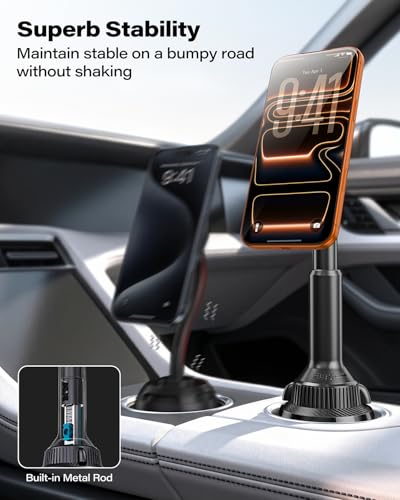 OQTIQ Phone Cup Holder for Car Mount for MagSafe, Quick Extension Long Arm - color: Black