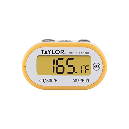 Taylor Compact Waterproof Digital Food Thermometer, 4.5 Inch Stem Length with an FDA Recommended 1.5mm Stepdown Probe Diameter and Amber Backlit LCD, HOLD, Min/Max; NSF, Yellow - color: Yellow
