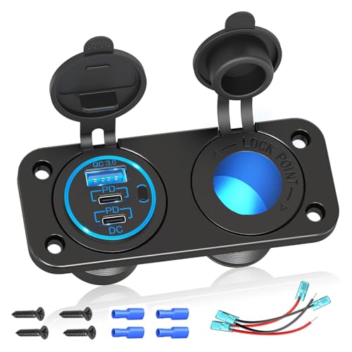 Upgraded 78W 3 Port 12V 24V USB Outlet Cigarette Lighter Socket Panel, Dual 30W PD and QC3.0 Multi Port Cylinder Charger with Button Switch and 150W Lighted Socket 2 in 1 DIY Kit for Car Boat RV, etc.