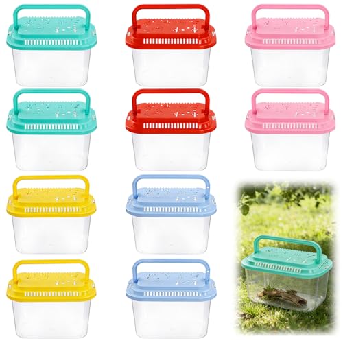 10 Pcs Reptile Terrariums Carrier Cage with Lids, Plastic Fish Tank with Handle, Small Aquarium Transport Container Portable, Fish Bucket for Crab Beach Turtle Pets