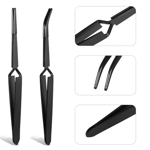Reverse Tweezers for Crafting, 2 Pcs Rubber Tipped Tweezers Stainless Steel PVC Coated Bent and Straight Flat Tip Cross Locking Precision Tweezer Set for Crafts Jewelry Beads Coins Electronic (Black)