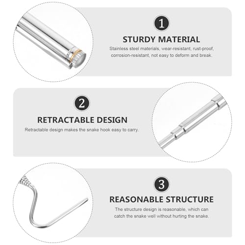 OUNONA Retractable Stainless Steel Snake Hook Portable Snake Grabber Tool White Reptile Handling Accessory for Terrarium and Care