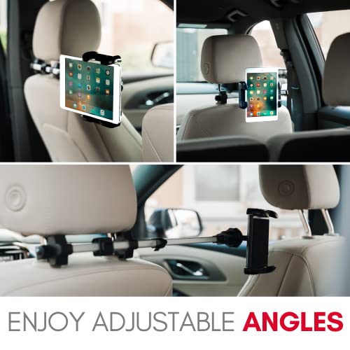 Macally Tablet Holder for Car Headrest - Adjustable iPad Headrest Mount for Car - Super Secure Car iPad Holder Backseat Kids - Fits All 4.7-12.9" Back Seat Devices (iPad Pro/Air/Mini, Nintendo Switch) - color: Silver