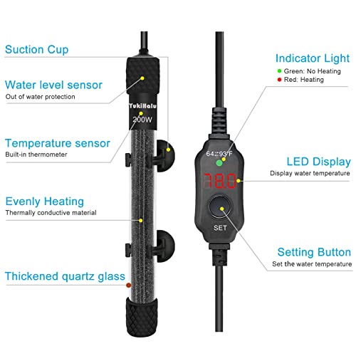 YukiHalu Small Submersible Aquarium Heater, Adjustable Mini Fish Tank Heater 25W 50W 100W 200W 300W with External Temperature Controller, LED Display, Used for 5/10/20/40/60 Gallons (200 Watts) - size: 200 Watts
