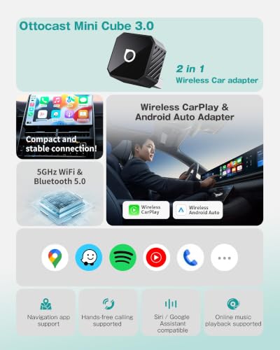 OTTOCAST Mini 2-in-1 Wireless CarPlay/Android Auto Adapter,Auto-Reconnect - color: Black (USB-A&C)