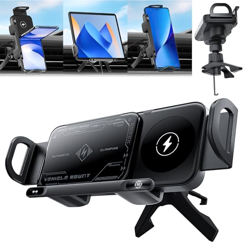 High Intelligent Mobile Phone/Pad Holder, 2 in 1 Auto Rotating Phone Holder, Car Charger Fast Charging, One-Touch Rotatable Car Vent Mount for Smartphone/Pads, Including Foldable Phones (Black)