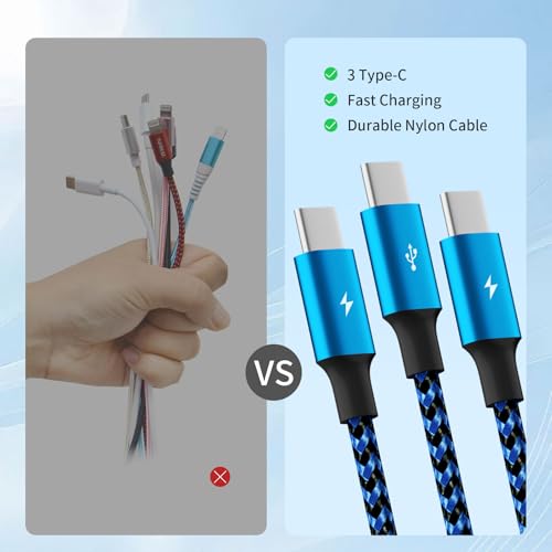 USB C Splitter Cable, 3 in 1 Multi Charging Cable, 2Pack 5FT - color: USB C-Blue_Black2-2Pack
