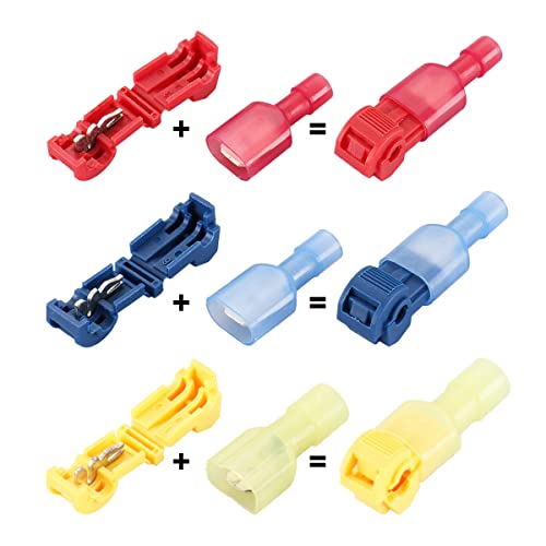 Baomain 120PCS Quick Splice Wire Terminals Kit, T-Tap Self-Stripping Connectors with Nylon Fully Insulated Male Spade Terminals, Red Blue Yellow Assortment