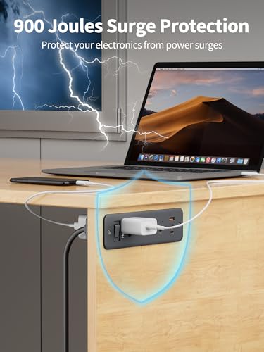 Recessed Power Strip, 6 Outlets 5 USB (3 USB-C, 15W/3A Max), 5FT Flat Plug
