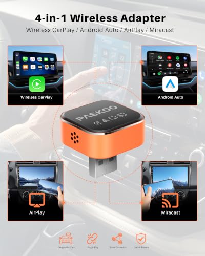 PASKOO 2026 Upgraded 4-in-1 Wireless CarPlay Adapter for iPhone & Android - size: 4IN1
