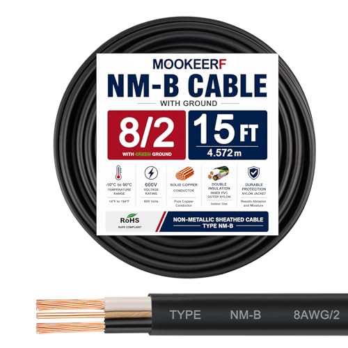8/2 Wire with Ground - 15FT NM-B 8 Gauge Non-Metallic Sheathed Cable 100% Pure Copper 8 AWG 2 Conductor Residential Indoor Wire for Outlets, Switches, Other Loads and Lighting Wiring Projects etc. - size: 15FT, style: 8AWG/2