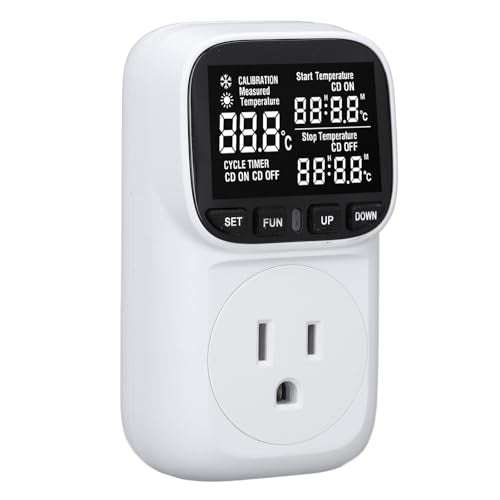 Digital Thermostat Plug Socket, LCD Backlit Screen Temperature Controller with IP67 Probe, Heating Cooling Switch Outlet for Fish , Greenhouse, Reptile Terrarium
