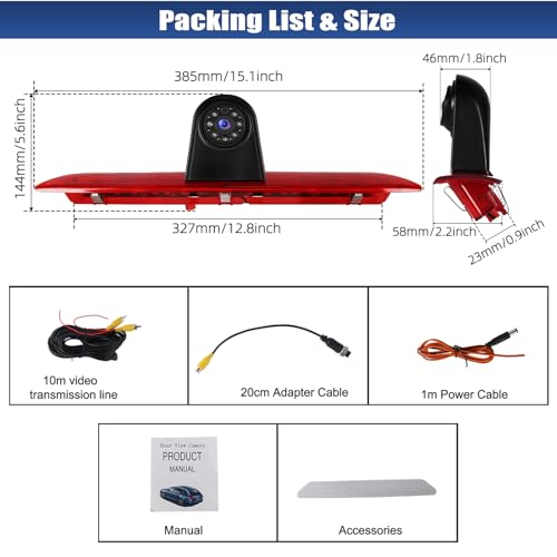 Brake Light Backup Camera for Ford Transit 150 250 350 2014-2018, AHD 720P / CVBS 480P, Waterproof Rear View Reverse Camera, Night Vision, Viewing Angle, Parking Assist, Roof Mount Back Up Cam