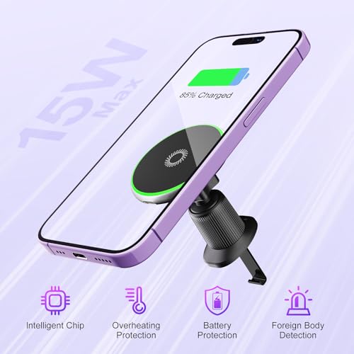 15W for Magsafe Car Mount Charger, Wireless Car Charger Magnetic Air Vent/Dashboard Fast Charging Phone Holder for iPhone 17 16 15 14 13 12 Serie Samsung