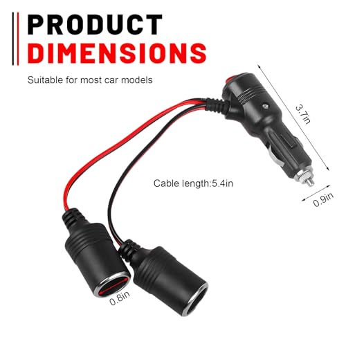 Car Cigarette Lighter Splitter, 12V 1 to 2 Auto Power Charger Port with On/Off Switch & 15A Fuse, 2-Socket Cigarette Lighter Adapter Extension Cable for Most Vehicles - color: 1 to 2