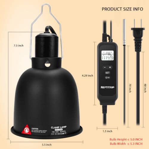 REPTITRIP 5.5 Inch Reptile Heat Lamp Fixture with PID Thermostat & 100W Ceramic Heat Emitter (Non-Light Emitting), Independent Day & Night Temperatures, Lampshade MAX 100W - size: 5.5 inch