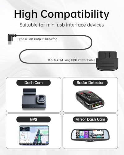 OBD OBD2 Power Cable for Dash Camera, OBDII to USB C Adapter Hardwire Kit 24 Hours Surveillance with Low Voltage Protection(11.6V Auto-Cutoff) for Dashcam, GPS, Radar, 12-36V to 5V/3A (3.5m/11.5ft)