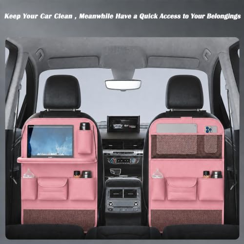 2 Pack Leather Car Backseat Organizer with Foldable Table Tray, Universal Car Seat Back Protector Kick Mat with Touchscreen Tablet Holder, Storage Pockets, Cup Holders & Tissue Holder, Pink - color: Pink