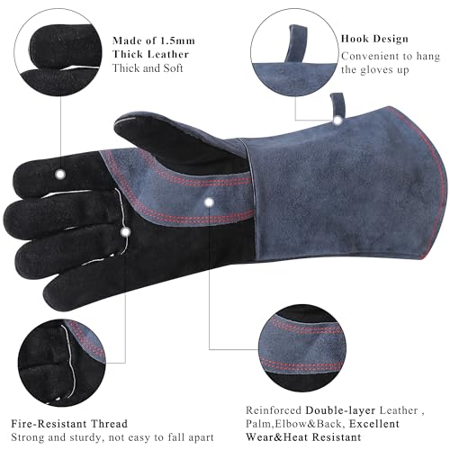 RAPICCA Fireplace Fire Pit Gloves, 662°F Fireproof Leather, 16 in Grey | For Wood Stove, Campfire, Charcoal, Cast Iron, BBQ Grill, Oven, Stick & MIG Welding, Forge, Dry Ice - color: Grey(length 16in)