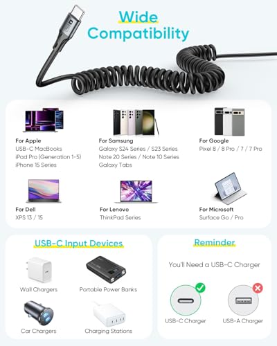 SUNGUY Coiled USB C to USB C Cable, 60W USBC to USBC Android Auto & Carplay Cable for iPhone 17 16 15 Pro Max, Samsung Galaxy S24/S3/S22, iPad Pro, 1Pcs 4FT【Extendable:1FT-3FT】 Grey - color: Grey, size: 4ft