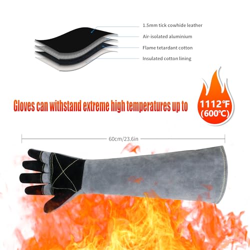 Long Welding Gloves 23.6 Inches 932℉,Heat/Fire Resistant Leather For Mig, Tig, Stick, Forge, BBQ, Grill, Fireplace - color: 23.6in Grey