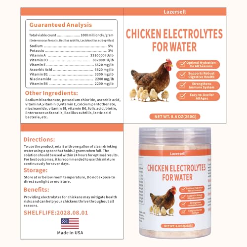 Chicken Electrolyte for Water, Ideal for Hydration, Immunity, Digestive Health, Chicken Vitamins, Electrolytes, and Probiotics, Multipurpose Poultry Vitamins for Chickens, Ducks, Turkeys, 8.8 OZ