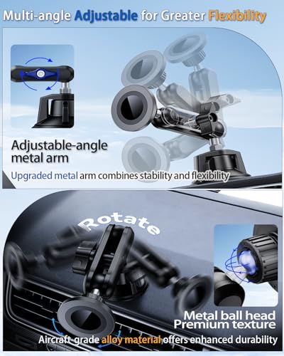 Magnetic Car Phone Holder [3-in-1] for Dashboard, Windshield & Vent, with Strong Suction Cup, Adjustable Metal Arm & 360° Rotation, Universal Phone Mount for All Cell Phones