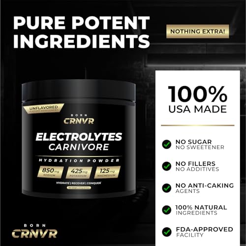 Carnivore Electrolytes Powder – High Sodium (850mg) Unflavored | Zero Sugar, No Fillers | Electrolyte Replacement for Keto & Fasting Hydration | Energy & Performance | 60 Servings