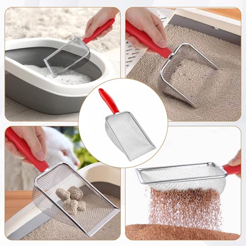 Stainless Steel Mesh Litter Shovel, Fine Mesh Metal Reptile Litter Cleaner Scooper, Black Non-Slip Handle Sifter for Lizard Substrate Reptile Terrarium Sand Waste, Red