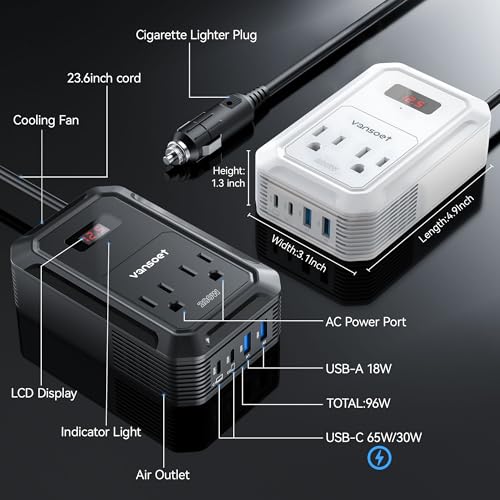 200W Car Power Inverter, DC 12V to 110V AC, PD 65W/30W USB C & QC 18W Ports - color: Black