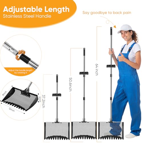 12inch Chicken Poop Scooper & Rake 2-in-1, Heavy Duty Metal Chicken Coop Scoop for Sand with Ergonomic Grip, Adjustable Angle Stainless Steel Chicken Coop Rake Litter Sifting Shovel (37-64") - color: Black