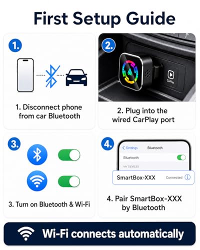 Wireless CarPlay Adapter,Car Play Wireless Adapter, 2-in-1 CarPlay Car Adapter Dongle, Convert Factory Wired Apple CarPlay to Wireless, Ultra-Mini Plug & Play, Includes USB C & USB-A