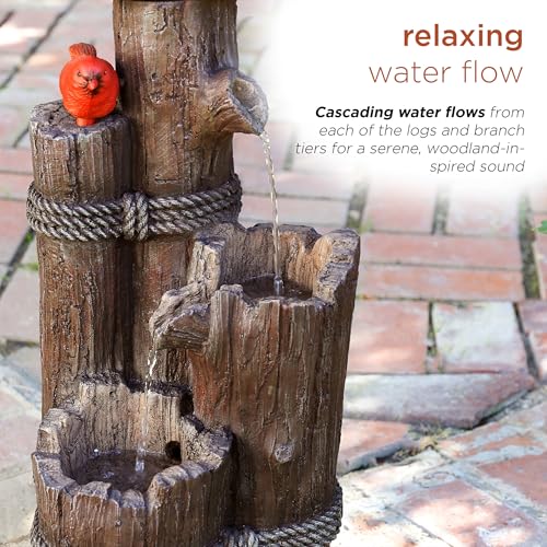Alpine Corporation 35" Tall Outdoor 3-Tier Birdhouse Water Fountain with Cardinal Accent, Rustic Floor Decor for Garden and Patio, Brown - style: 3- Tiered Log & Branch