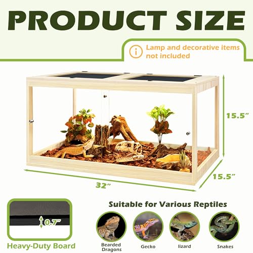 PROLEE Reptile Tank, 35 Gallon Beard Dragon Tank, Tempered Glass Reptile Encloure and Snake Tank with Locking Design for Lizard,Gecko,Chameleon (32"X15.5"X15.5",Oak) - color: Oak, size: 35 Gallon (32x15.5x15.5 Inch)