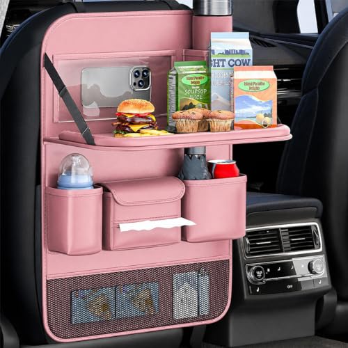 2 Pack Leather Car Backseat Organizer with Foldable Table Tray, Universal Car Seat Back Protector Kick Mat with Touchscreen Tablet Holder, Storage Pockets, Cup Holders & Tissue Holder, Pink - color: Pink