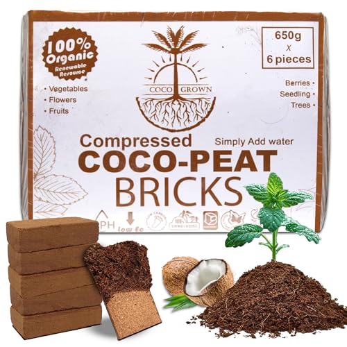 Compressed Coco Coir Bricks – 100% Organic, 650g x 6 Bricks – Expands to 8L Each, Eco-Friendly, Biodegradable, No Chemicals – Ideal for Vegetables, Fruits, Flowers, Seedlings