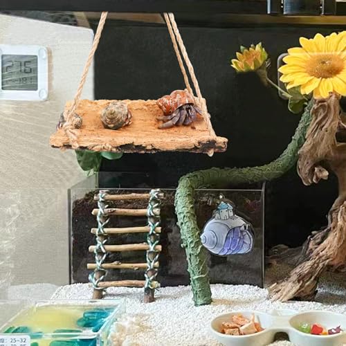 Hermit Crab Climbing Toy, Natural Wooden Reptile Swing Toy, Pet Cage Tank Aquarium Accessories for Hermit Crab Lizard Chameleon Hamster Guinea Pig Chinchilla Bird Parrot - size: Small-5.9 × 3.9 Inch