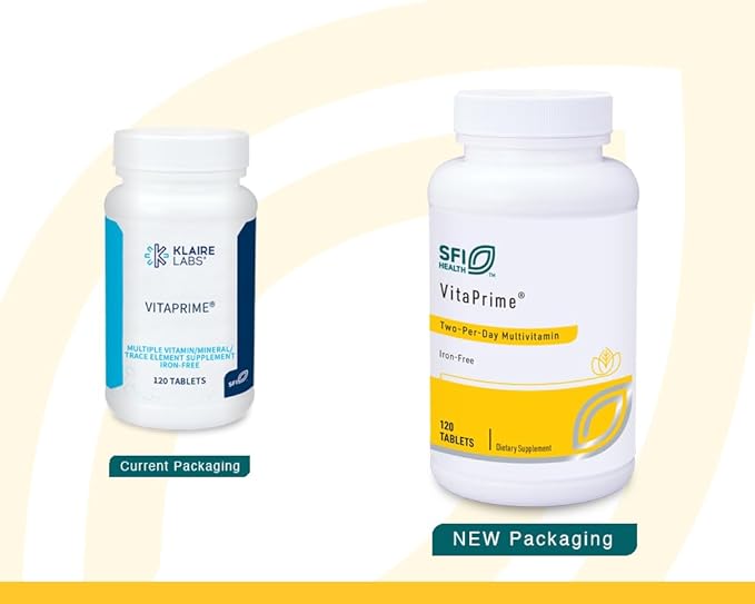 Klaire Labs SFI Health VitaPrime - Iron Free Multivitamin for Women & Men - Promote Immune Function & Support Nutritional Gaps - Two-Per-Day Multivitamin with Methyl Folate & B12 (60 Tablets)
