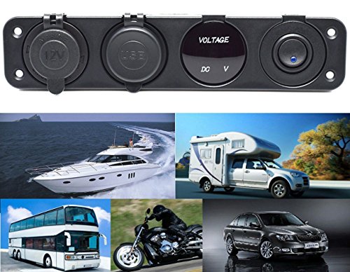 Dual USB Socket Charger 2.1A&2.1A + LED Voltmeter + 12V Power Outlet + ON-Off Toggle Switch Four Functions Panel for Car Boat Marine RV Truck Camper Vehicles GPS Mobiles (Blue) - color: Blue