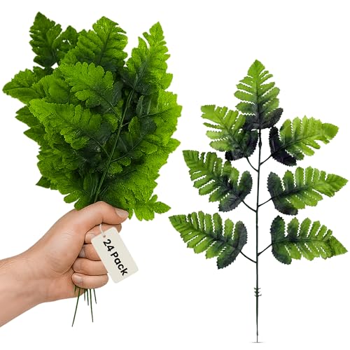 Iconikal 24-Pack Artificial Silk Leather Leaf Fern Fronds, 16-Inch, Wedding Décor Floral Accents