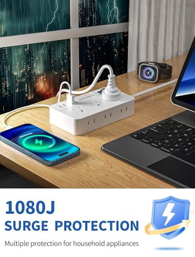 Surge Protector Power Strip - 5Ft Braided Extension Cord Flat Plug with 6 Outlets and 2 USB-A 2 USB-C Ports, 1080 Joules Wall Mounted Charging Station for Office Home ETL (10 FT) - size: 10 ft